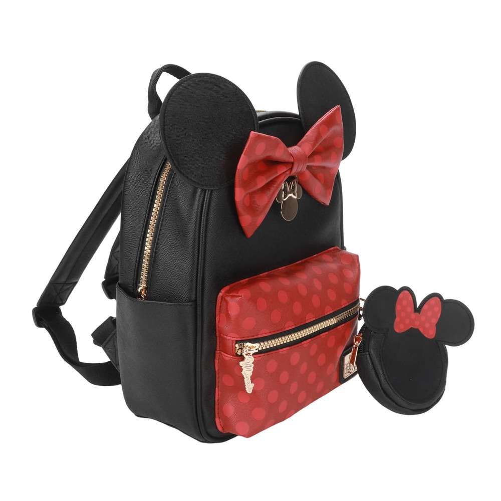 Disney Minnie Mouse Mini Backpack with Coin Pouch Charm Black Red Polka Dot - Picture 2 of 11